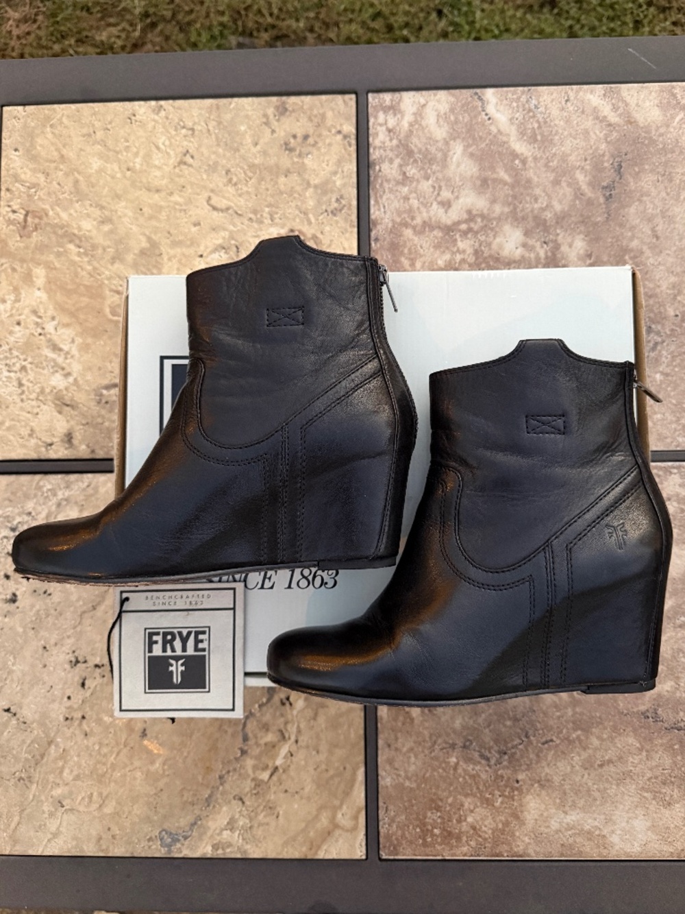 Frye Carson Black Leather Wedge Booties – Women’s Size 7